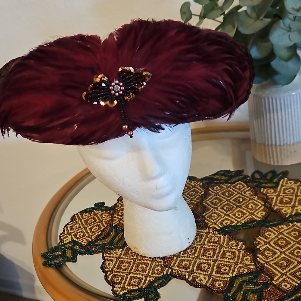 Women’s Burgundy Feather Halo Headband with Beaded Accent Handmade